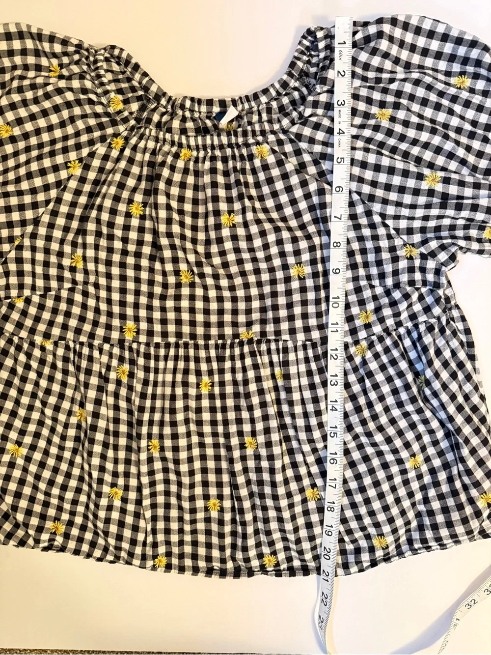 Old Navy Black-and-White Gingham Puff Sleeve Top with Yellow Embroidery
